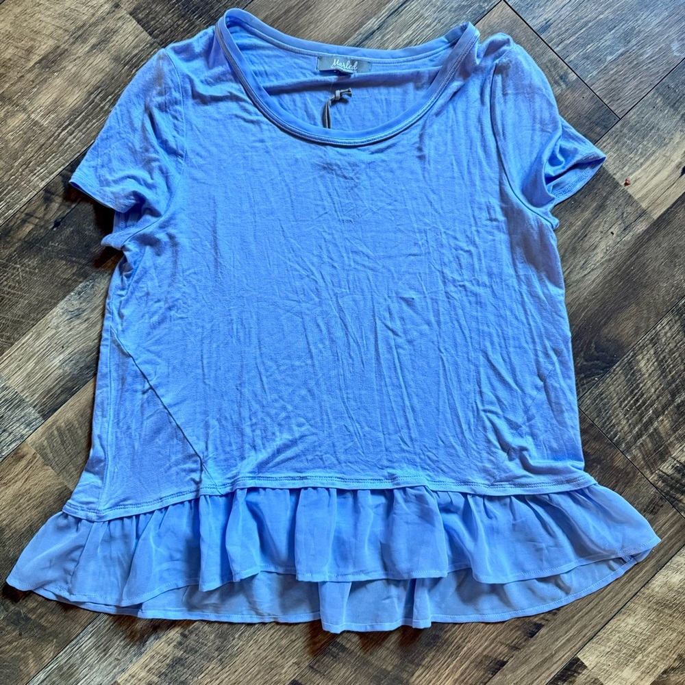 Marled Light Blue Ruffle Hem Short Sleeve Top
